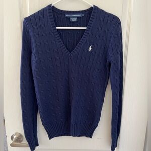 Ralph Lauren blue cable knit sweater, V-neck Sz M White Pony minimal Classic
